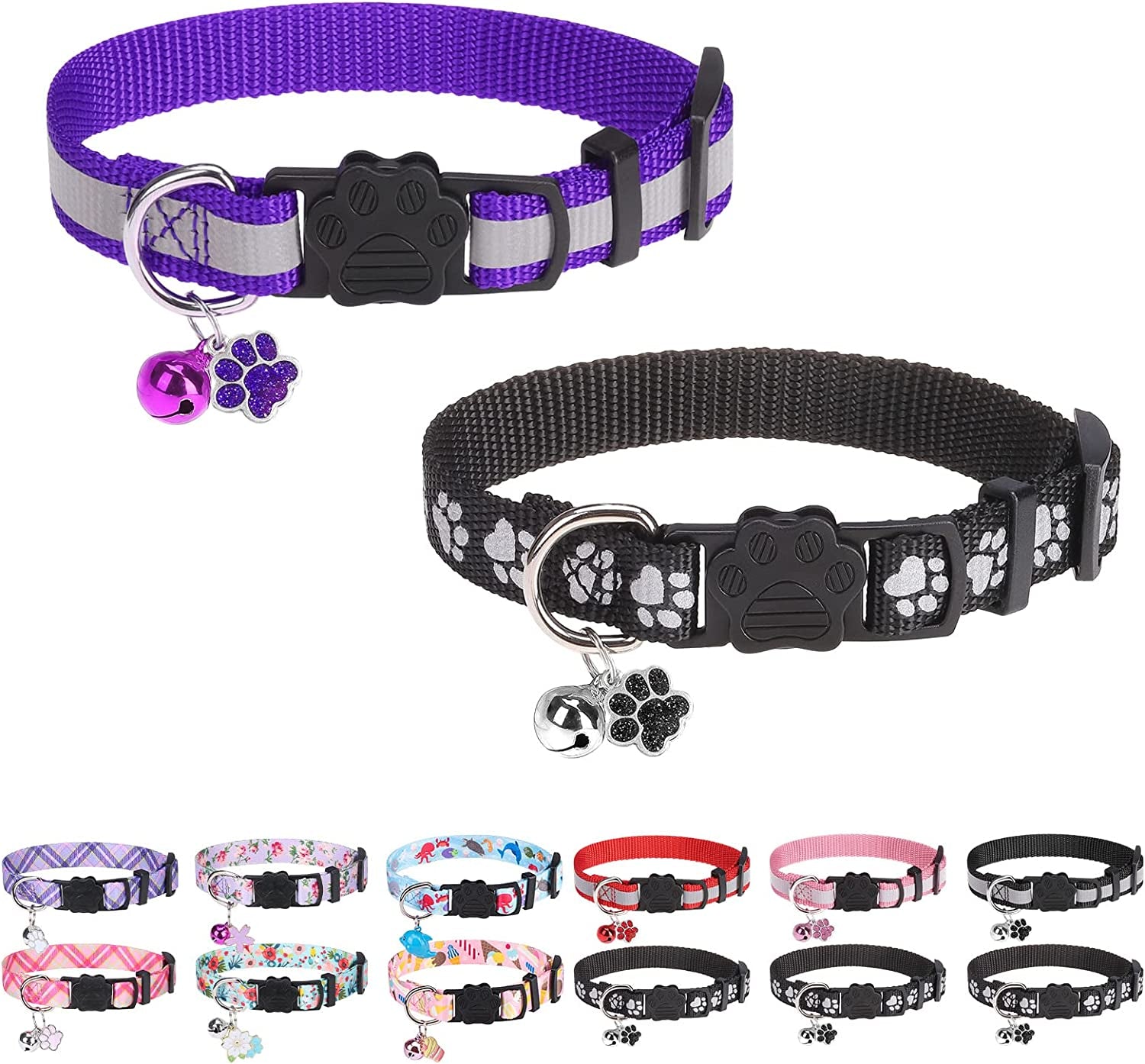 DILLYBUD Reflective Cat Collars Breakaway for Big Cats/Adult Cats Boys and Girls with Bell and Charm, 3/5" Width Safety Buckle Nylon Kitten Collar, 2 Pack Adjustable Soft Cute Pet Collar for Summer  DILLYBUD 2 Pack-Black+Purple 3/5" Width 