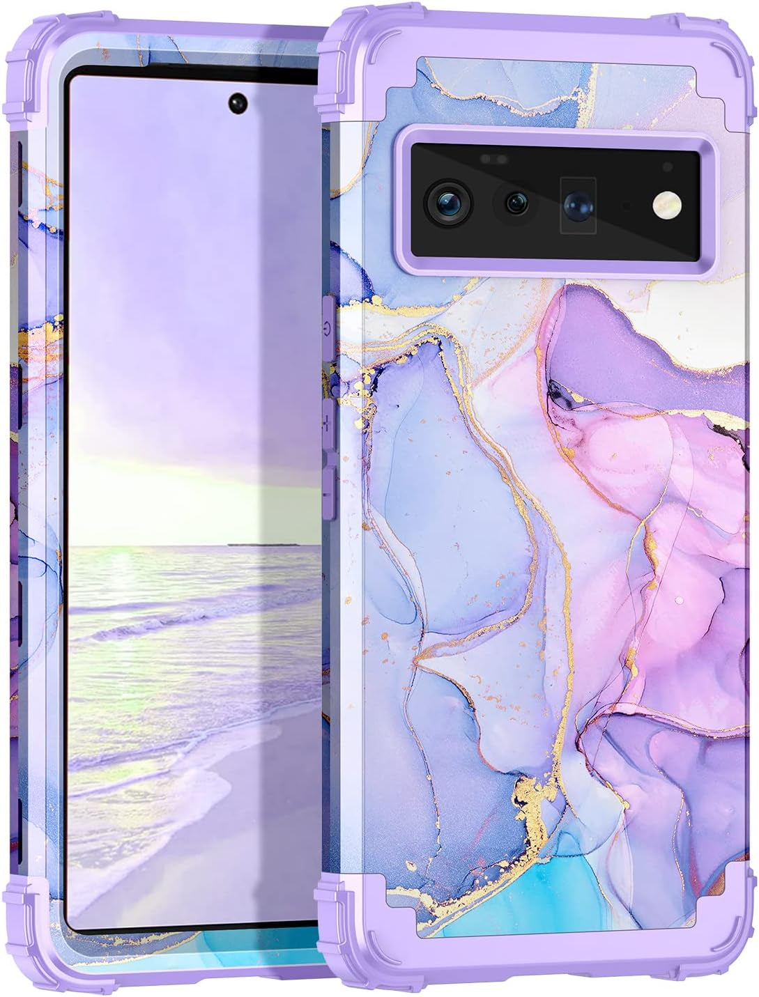 Hekodonk for Google Pixel 6 Pro Case,Heavy Duty Shockproof Protection Hard Plastic+Silicone Rubber Hybrid 3 in 1 Drop Protective Case for Google Pixel 6 Pro White Flower  Hekodonk Purple Marble  