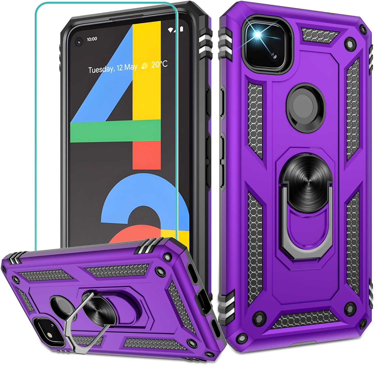 Gritup Google Pixel 4A Case (No Fit for Pixel 4A 5G) with HD Screen Protector, Military-Grade Protective Heavy Duty Phone Case with Magnetic Kickstand Ring for Google Pixel 4A Purple  Gritup   