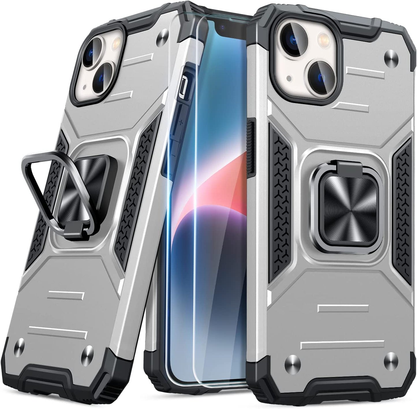 JAME for Iphone 14 Case with Screen Protector [2 PCS], Shockproof Bumper Case for Iphone 14 Case for Women & Men, Heavy-Duty Protection with Metal Ring Kickstand Case for Iphone 14, 6.1 Inch, Purple  XJXIN Silver  