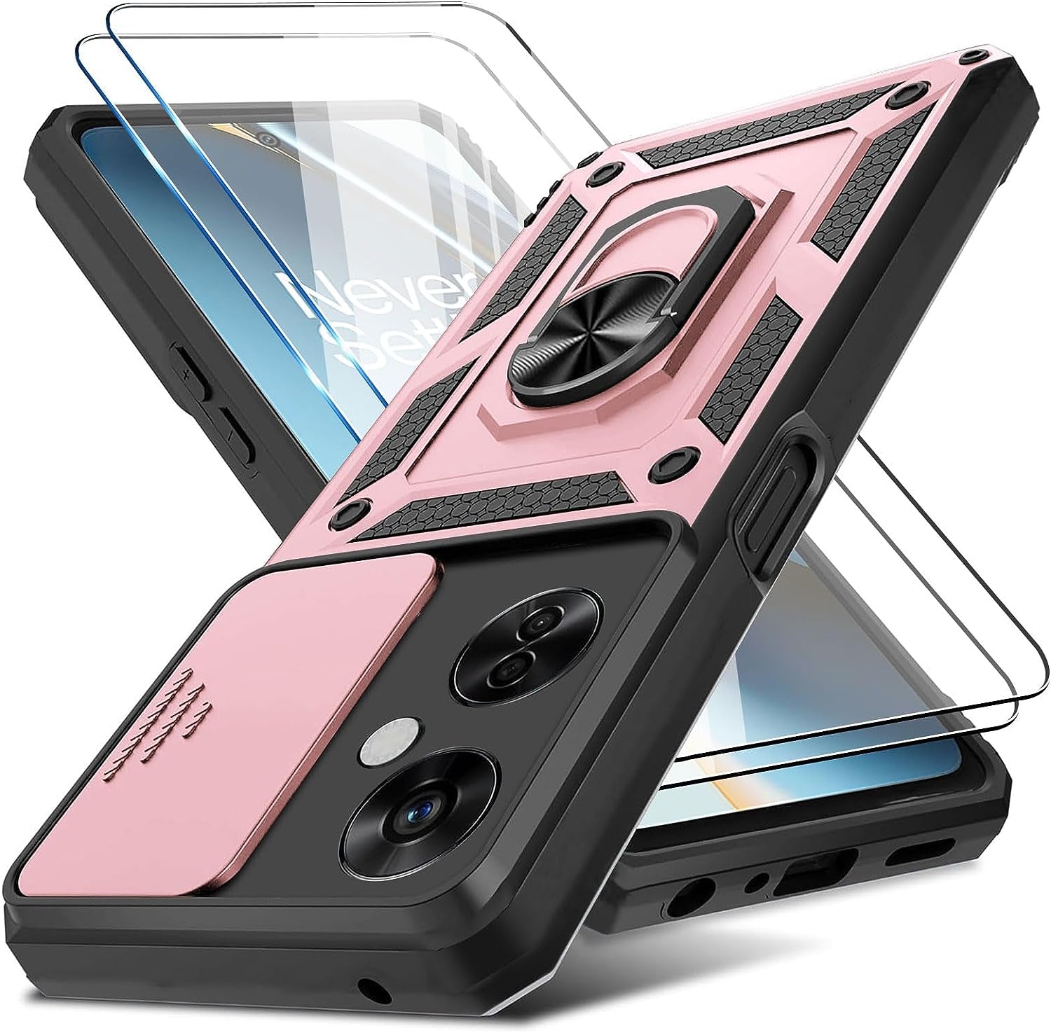 Jusy Case for Oneplus Nord N30 5G with 2 HD Screen Protector, Slide Camera Cover, Kickstand Ring, Magnetic Rugged Durable Drop Protection Phone Cover for 1+ Nord N30 5G (Black)  Jusy Rose Gold Oneplus Nord N30 5G 