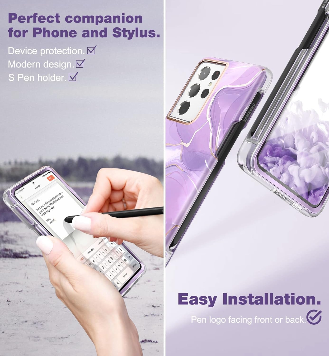SURITCH Phone Case for Samsung Galaxy S21 Ultra with S-Pen Holder Front Cover Built-In Screen Protector Upgraded Dual-Layer Full Body Protection Anti-Scratch Shockproof for Woman Man, Purple Marble  SURITCH   