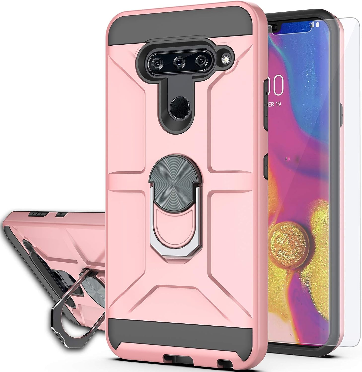 Ymhxcy Phone Case Compatible with LG V40/V40 Thinq Case with HD Screen Protector,360 Degree Rotating Ring Kickstand Holder Dual Layers of Shockproof Phone Case for LG V40-ZS Mint  YmhxcY Zs-Rose Gold  