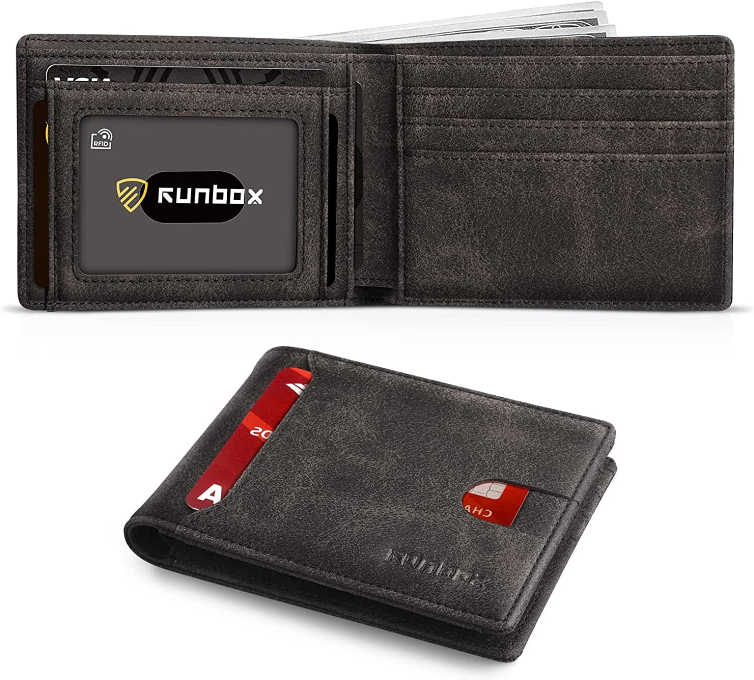 RUNBOX Bifold Slim Wallet for Men - Rfid Blocking Leather Front Pocket Men'S Wallet with Gift Box  RUNBOX Rock Gray  