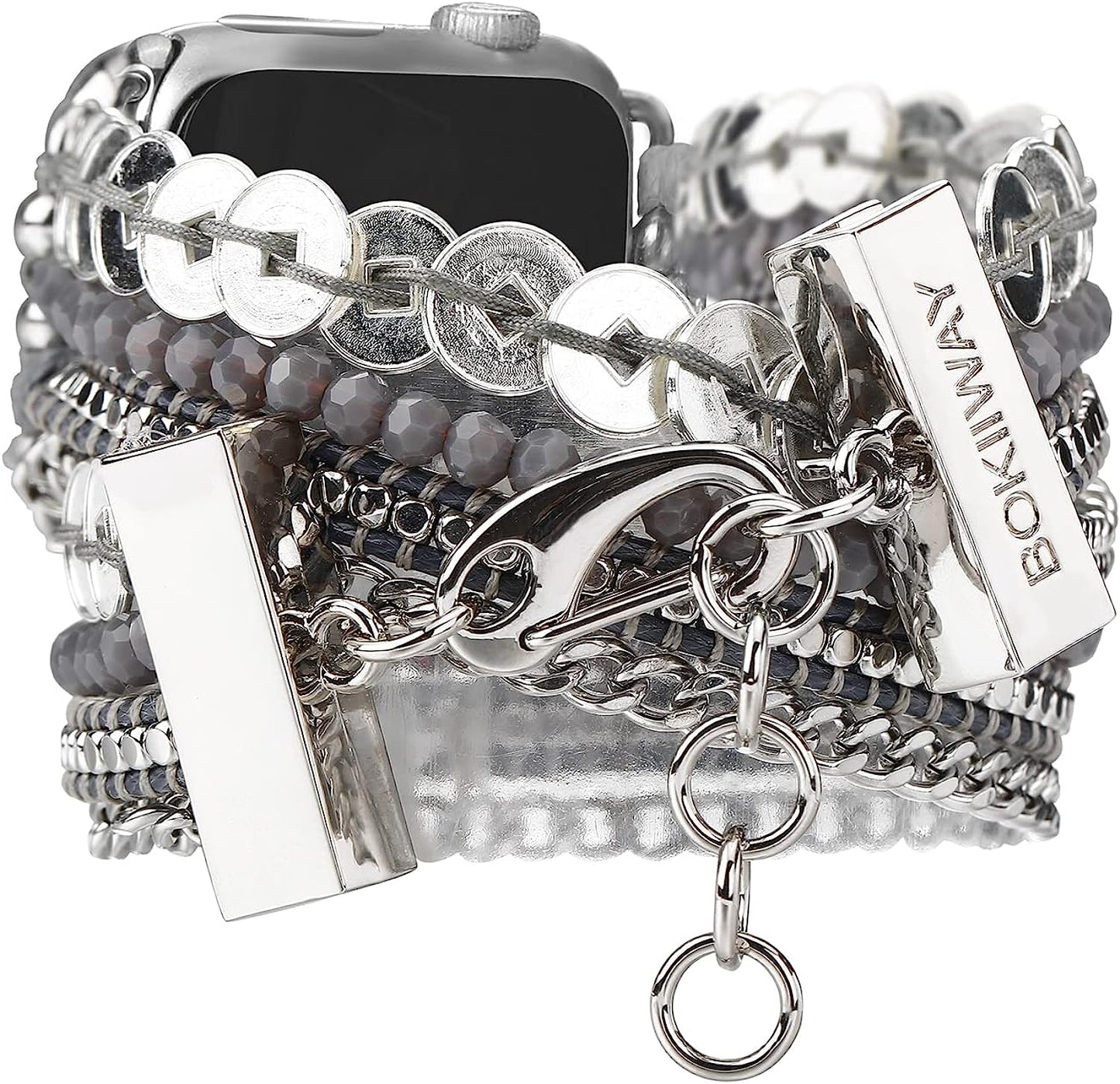 BOKIIWAY Boho Watch Bracelet Compatible with Apple Watch Series 8/7/6/5/4/3/2/1/SE – Bohemian Watch Band for Women – Handmade Braided Leather Watch Strap with Crystal Beads – Greyscale Modern Watch Strap  BOKIIWAY   