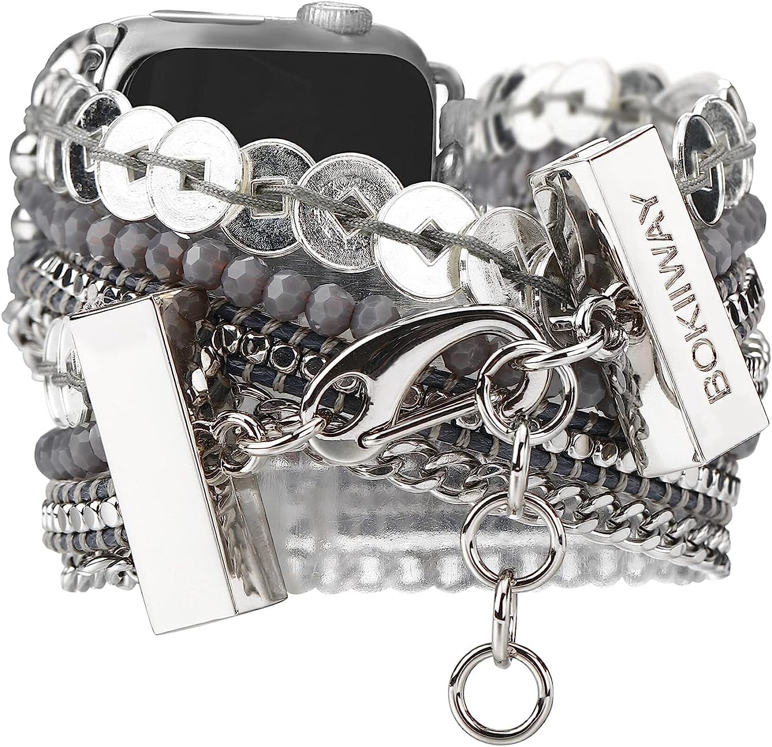 BOKIIWAY Boho Watch Bracelet Compatible with Apple Watch Series 8/7/6/5/4/3/2/1/SE – Bohemian Watch Band for Women – Handmade Braided Leather Watch Strap with Crystal Beads – Greyscale Modern Watch Strap  BOKIIWAY   