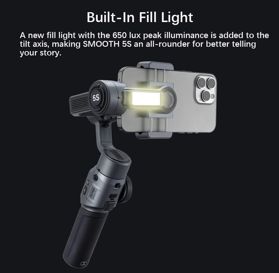 Zhiyun Smooth 5S Smartphone Gimbal Stabilizer 3-Axis with Built-In Fill Light for Iphone Android with Face Object Tracking for Vlog Video Live Stream INS Youtube (Smooth 5 Upgrade Version)-Gray  zhi yun   