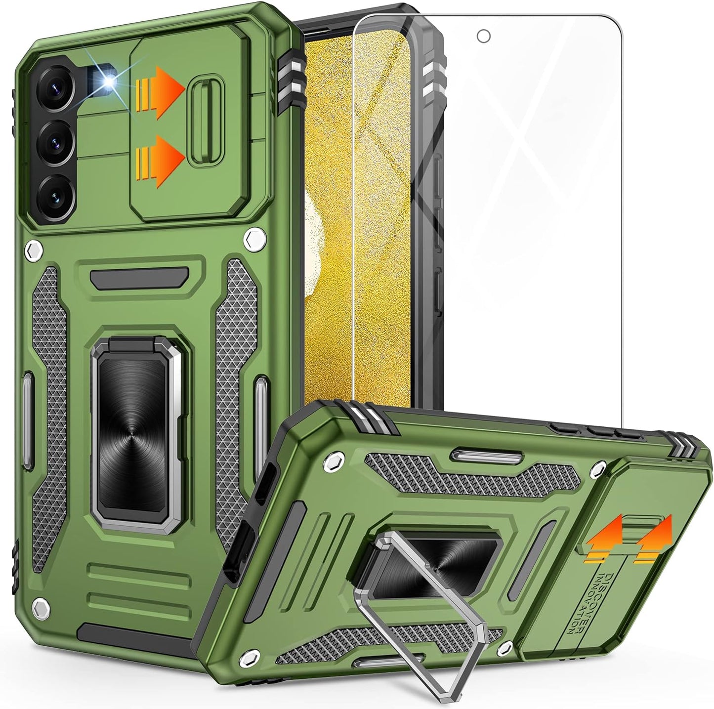 Galaxy S22 Case，S22 Case with Slide Camera Cover and Screen Protector, Shockproof Samsung S22 Galaxy Case with 360° Magnetic Ring Holder Kickstand Phone Case for Samsung S22 Black  Gritup Green  