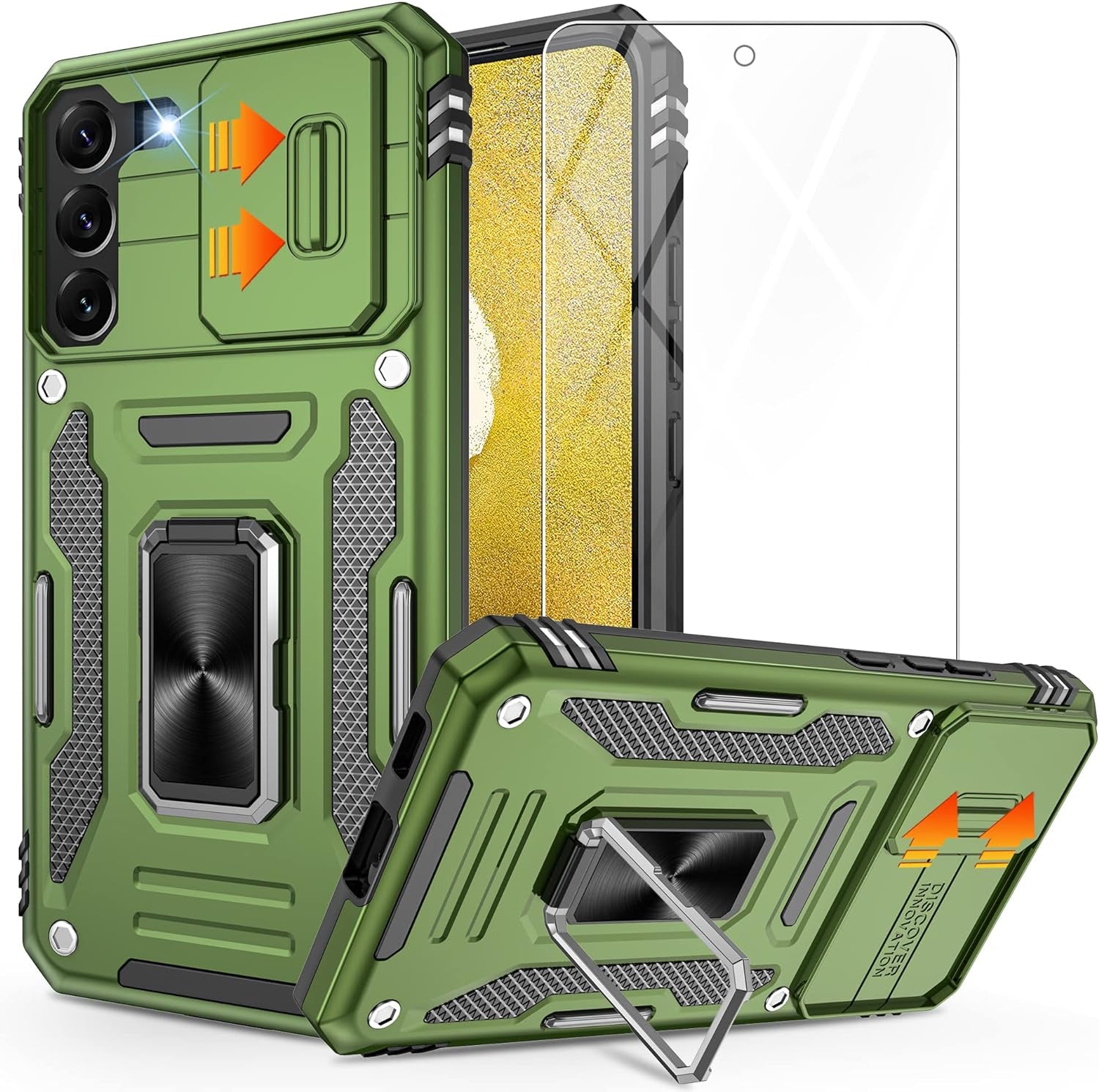 Galaxy S22 Case，S22 Case with Slide Camera Cover and Screen Protector, Shockproof Samsung S22 Galaxy Case with 360° Magnetic Ring Holder Kickstand Phone Case for Samsung S22 Black  Gritup Green  