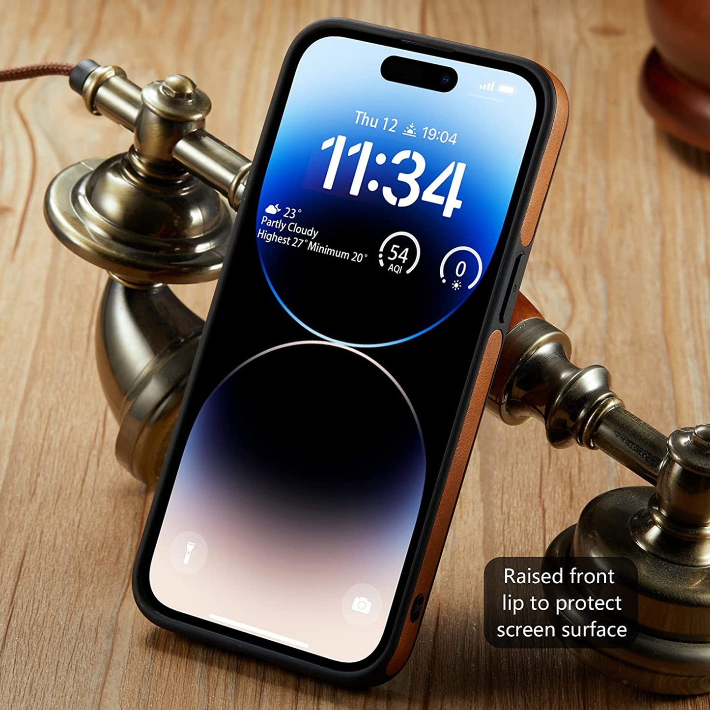 Casus Designed for Iphone 14 Pro Max Case Vegan Leather Slim Logo View Classic Luxury Elegant Thin Protective Cover (2022) 6.7" - Golden Brown  Casus   