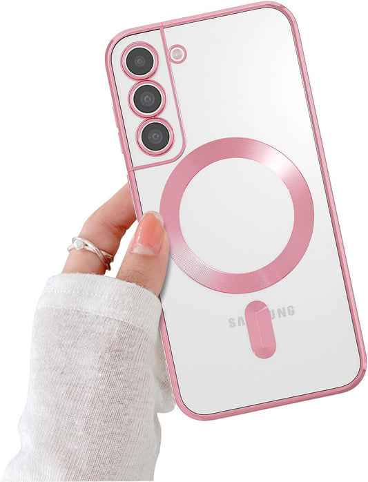Yetagso Magnetic for Samsung Galaxy S21 Case,Electroplated Clear Slim Samsung S21 Phone Case with Camera Protection,Shockproof Samsung S21 Case Compatible with Magsafe, Pink Edge  Yetagso   