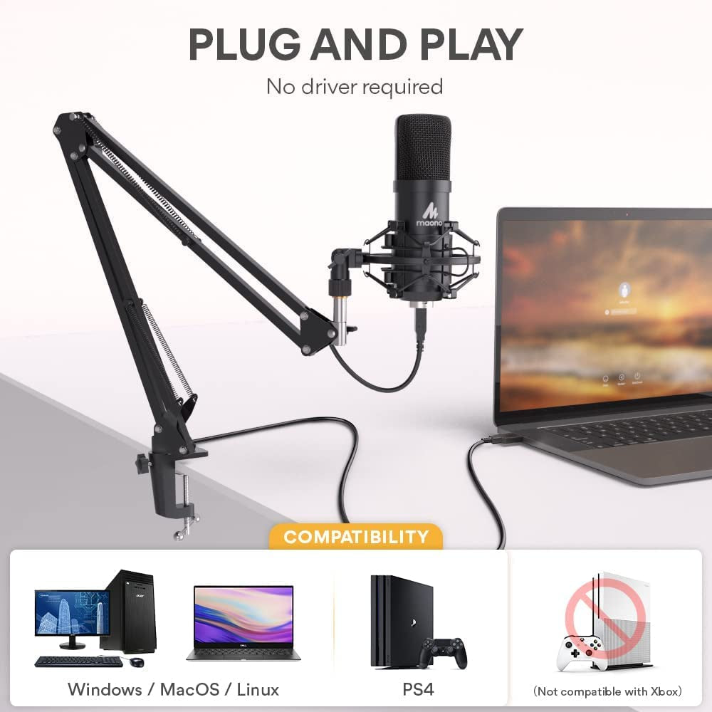 USB Microphone, MAONO 192Khz/24Bit Plug & Play PC Computer Podcast Condenser Cardioid Metal Mic Kit with Professional Sound Chipset for Recording, Gaming, Singing, Youtube (AU-A04)  MAONO   