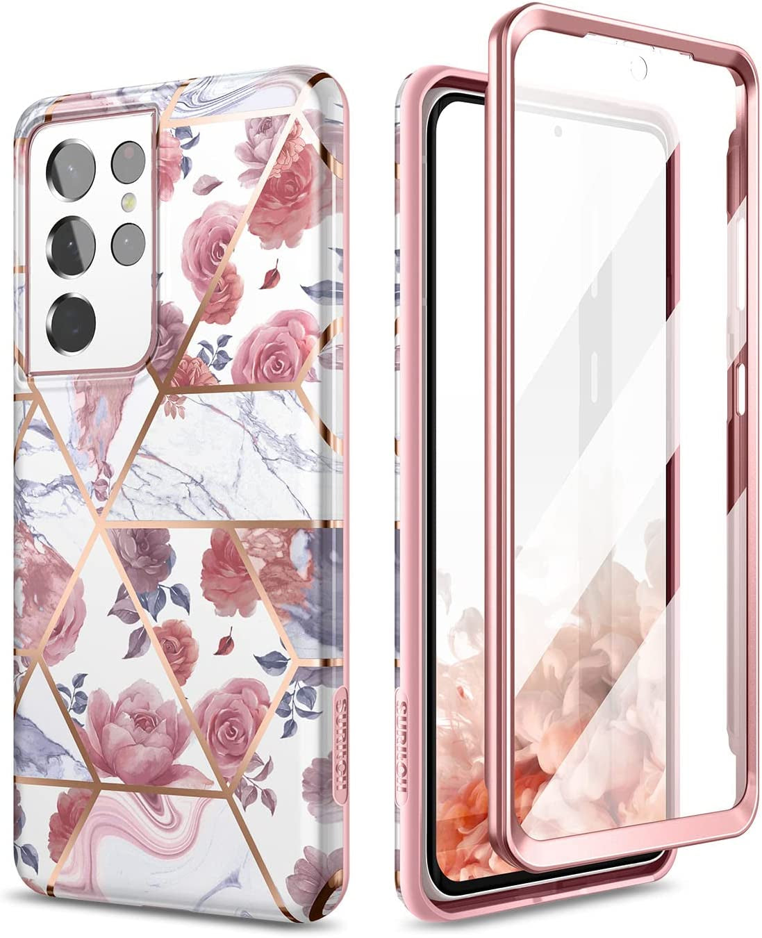SURITCH Phone Case for Samsung Galaxy S21 Ultra 6.8 Inches Slim Fit, Front Cover with Built-In Screen Protector Smooth Back Cover Full Body Protection Shockproof Bumper, Grey Calla  SURITCH Rose Marble  