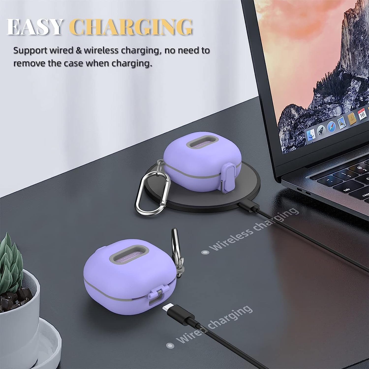 Secure Lock Case for Samsung Galaxy Buds 2 Pro/Galaxy Buds 2/Galaxy Buds Pro/Galaxy Buds Live, WOFRO Shock-Absorbing Protective Cover TPU Hard Shell with Lanyard and Keychain[One-Click Pop] (Purple)  WOFRO   