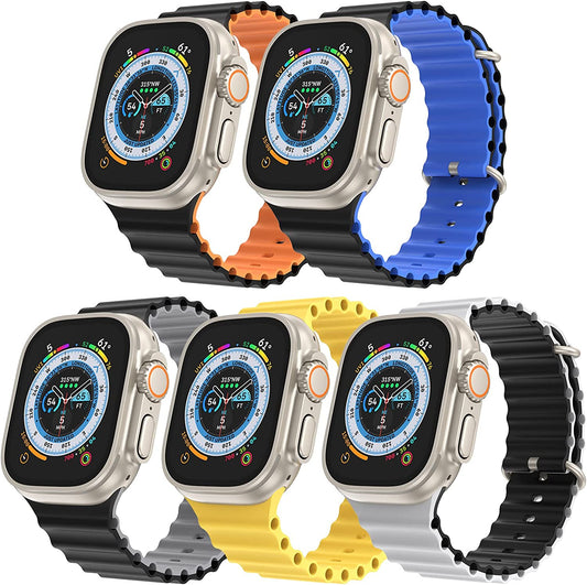 5 Pack Ocean Ultra Band Compatible for Apple Watch Band 49Mm 44Mm 45Mm, Soft Silicone Adjustable Loop Titanium Buckle Sport Strap for Iwatch Series Ultra SE 8 7 6 5 4 3 2 Women Men  OWUSHEE   