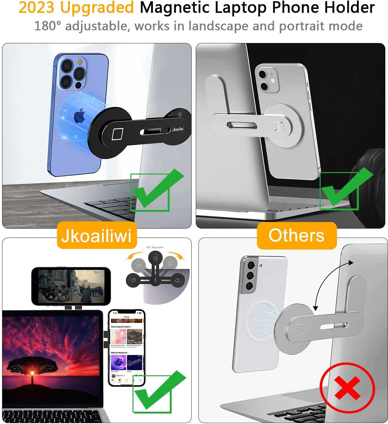 Jkoailiwi Dual Screen Magnetic Phone Holder for Laptop - Adjustable Slim Phone Mount for Monitor'S Top and Side - Computer Extension Bracket for Tesla, Magsafe Iphone 14/13/12 & All Phones, Black  Jkoailiwi   