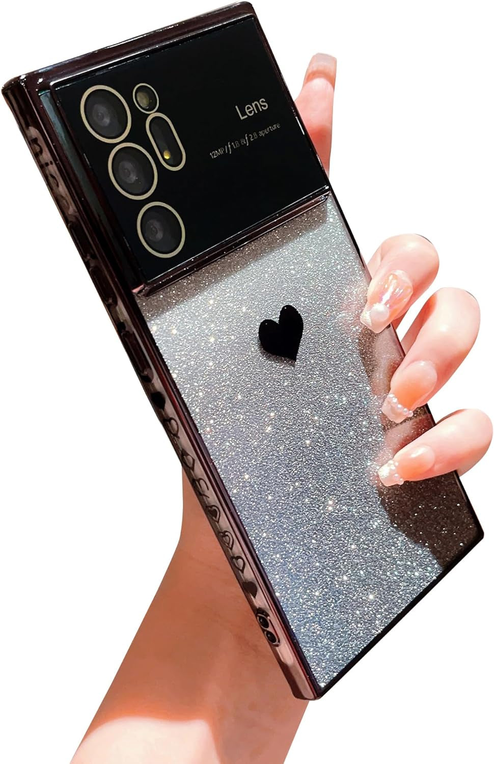 Phylla Gradient Glitter Heart for Samsung Galaxy Note 20 Ultra 5G Phone Case [Full Camera Lens Protector],Luxury Plating Slim Clear Case with Side Pattern,Soft Shockproof Protective Bumper (Gold)  PHYLLA Black  