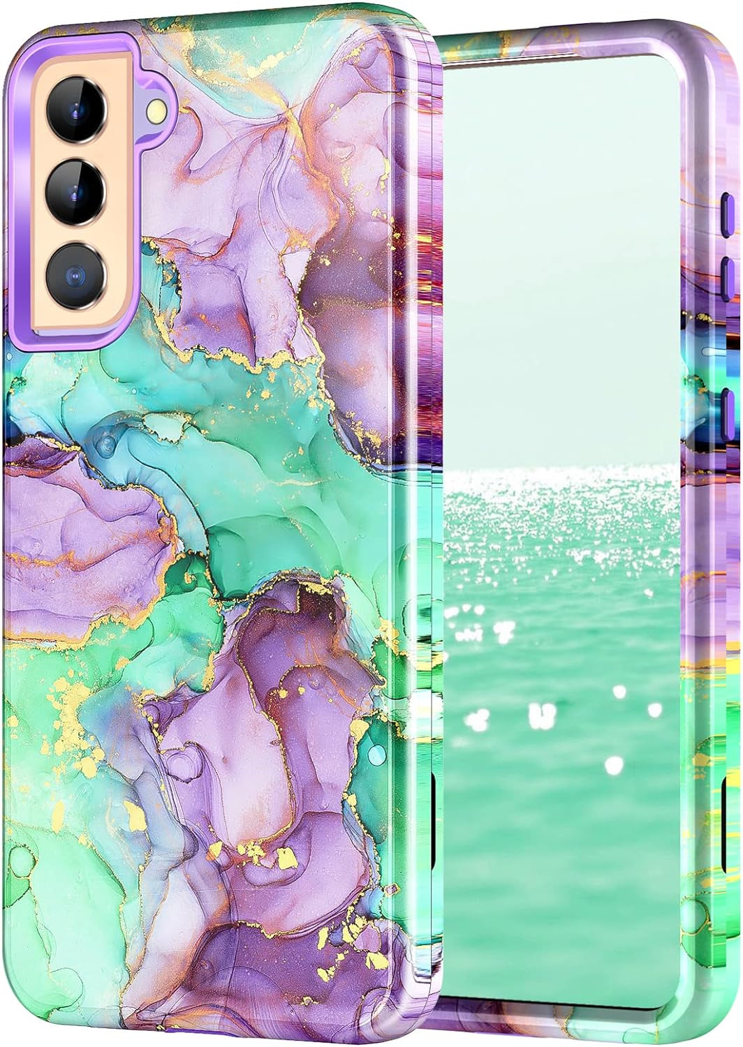 Galaxy S21 plus Case: Marble Pattern 3-In-1 Heavy Duty Shockproof with Rugged Hard PC & Soft Silicone, Rose Gold  Btscase Purple Green  