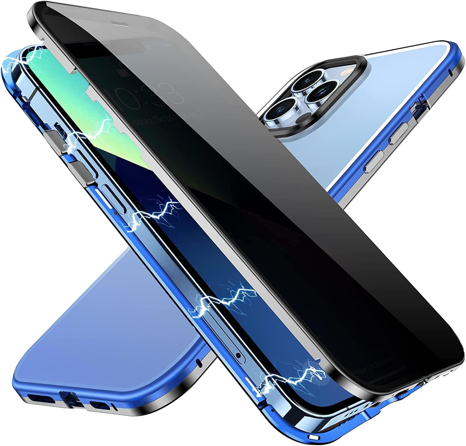 YUNQE Privacy Magnetic Case for Iphone 12 Pro Max, Double Sided Magnet Adsorption Cover with Anti-Peep Screen Protector and Camera Lens Full Body Protective for Iphone 12 Pro Max, Red  YUNQE Silver-Blue Iphone 13 Pro-6.1" 