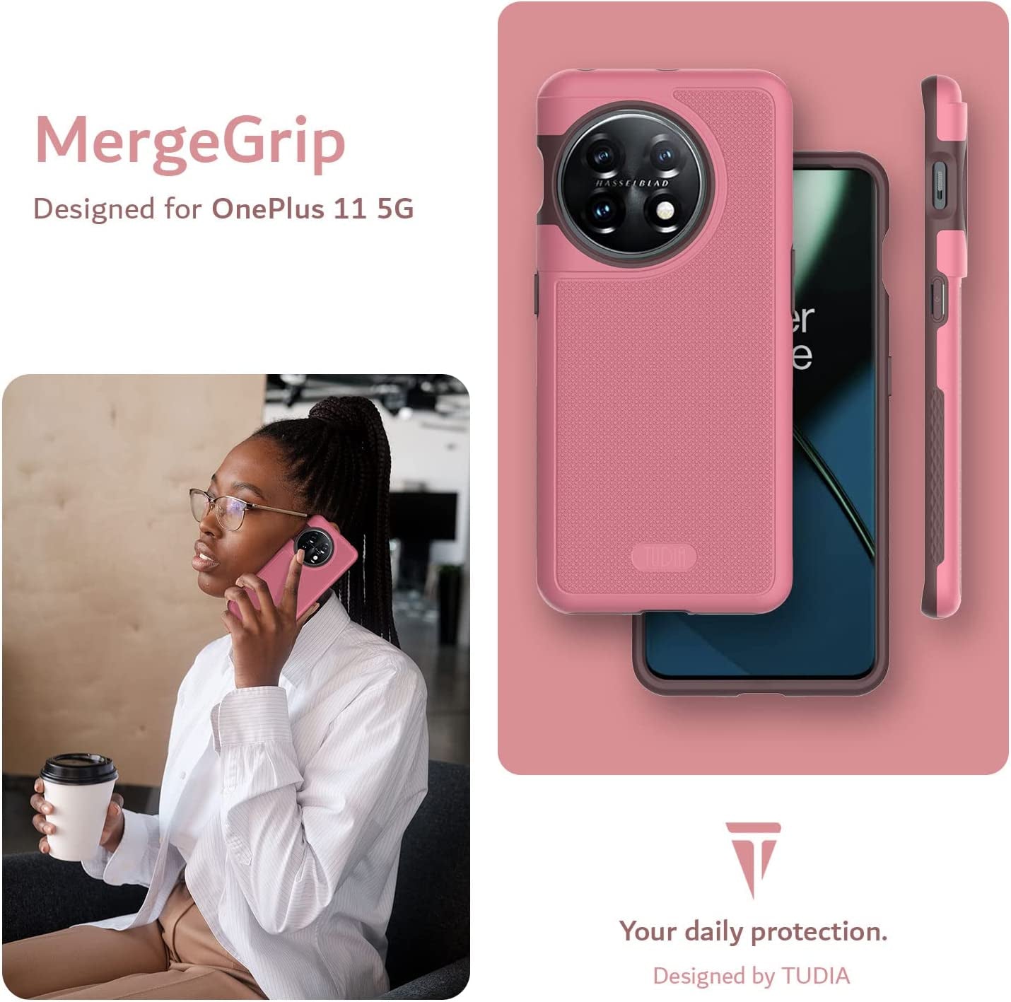 TUDIA Dualshield Grip Designed for Oneplus 11 Case 5G (2023), [Mergegrip] Dual Layer Shockproof Slim Military Grade Non-Slip Tough Heavy Duty Protective Phone Case Cover (Smokey Pink)  TUDIA   