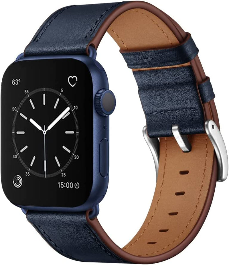 OUHENG Compatible with Apple Watch Band 49Mm 45Mm 44Mm 42Mm, Genuine Leather Band Replacement Strap Compatible with Apple Watch Ultra Series 8/7/6/5/4/3/2/1/SE/SE2, Black Band with Black Adapter  OUHENG Dark Blue/Blue 49mm/45mm/44mm/42mm 