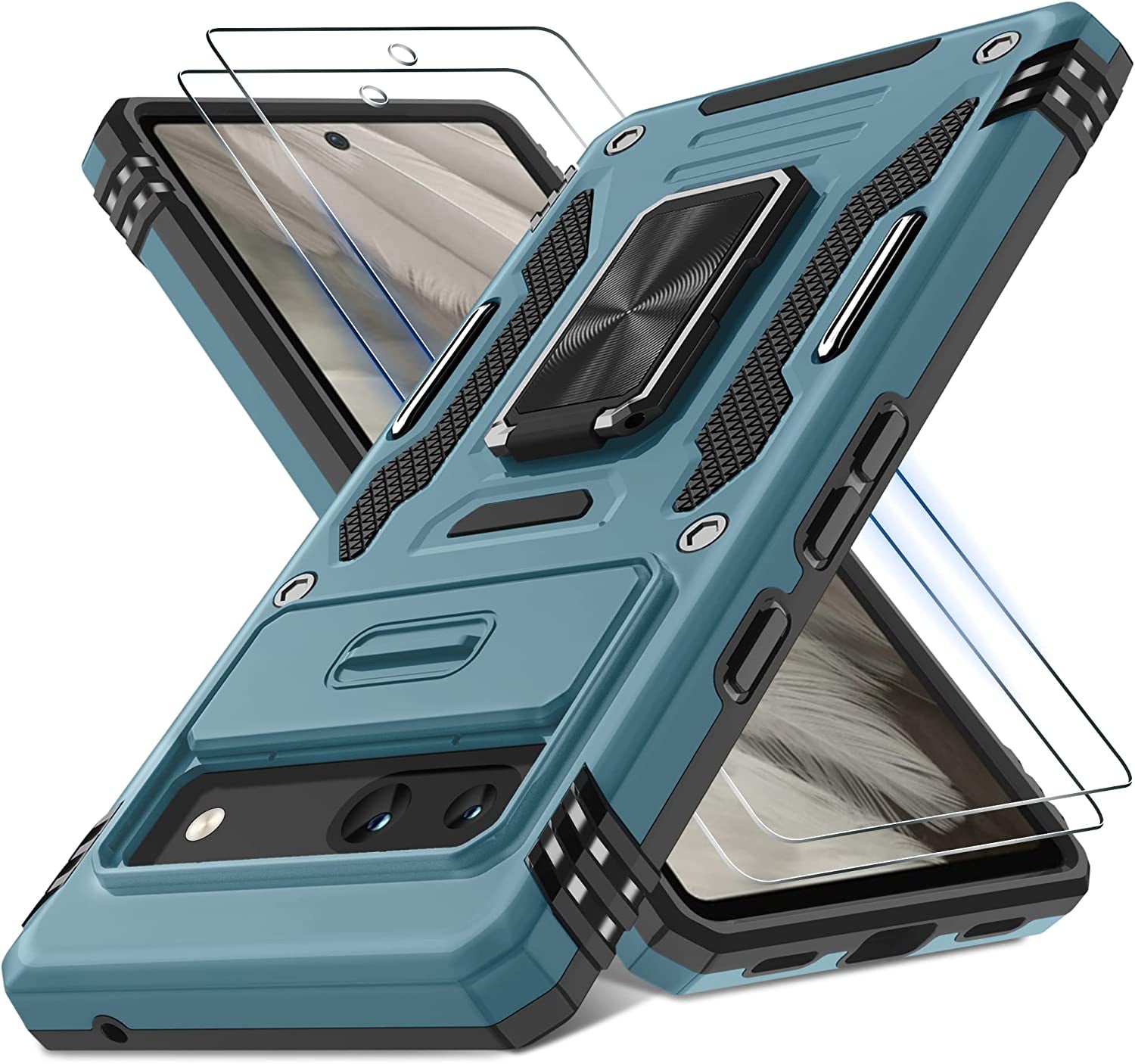 DEERLAMN for Google Pixel 8 Case with Slide Camera Cover+Screen Protector (1 Pack), Rotated Ring Kickstand Military Grade Shockproof Heavy Duty Protective Cover -Black  DEERLAMN Light Blue Google Pixel 7A 