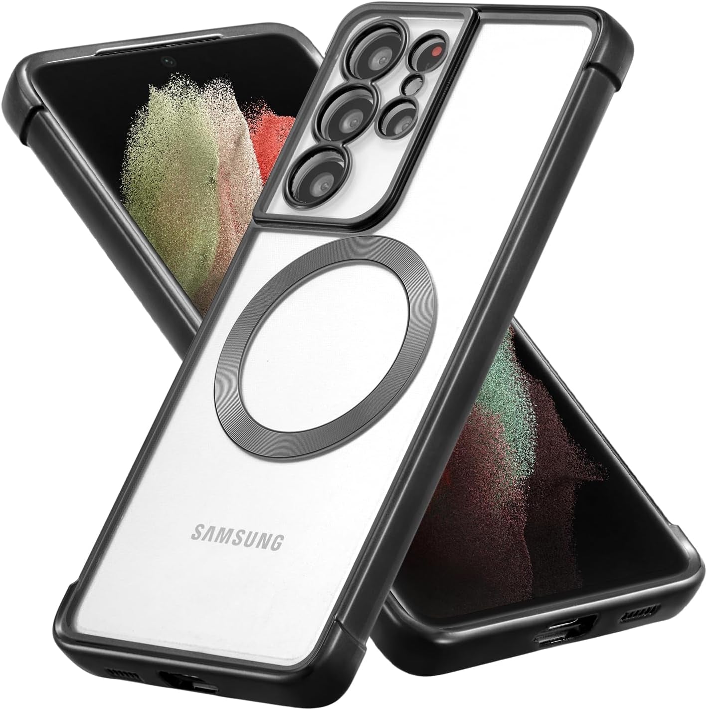 RALEAVO Magnetic Case for Samsung Galaxy S21 Ultra Clear Case Cover [Compatible with Magsafe & Military Grade Drop Protection] Transparent Shockproof Slim Plated Phone Case - Gold  RALEAVO Black  