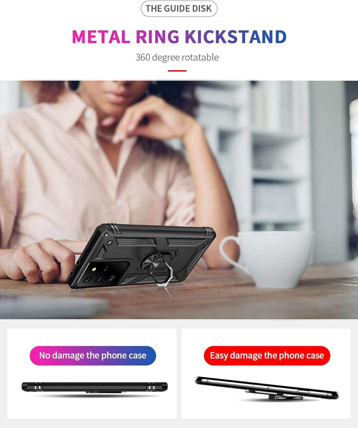 Samsung Galaxy S21 Ultra 5G Case with HD Screen Protectors, Androgate Military-Grade Metal Ring Holder Kickstand 15Ft Drop Tested Shockproof Cover Case for Samsung Galaxy S21 Ultra Black  E&M Tek   