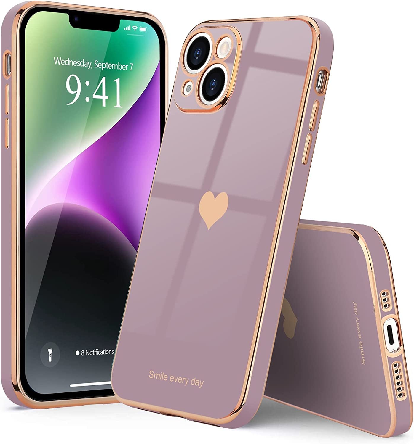 Teageo for Iphone 14 Case for Women Girl Cute Love Heart Luxury Electroplate Plating Soft Bling Back Cover Raised Full Camera Protection Bumper Silicone Shockproof Phone Case for Iphone 14, Lavender  janzee   