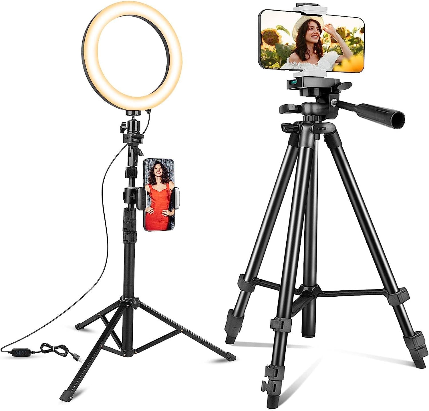 Selfie Ring Light with Tripod Stand Bundle with 50'' Cell Phone Tripod, Tripod for Iphone with Ringlight for Live Streaming, Video Recording, Makeup, Lighting Kit Gifts for Youtube and TIK Tok  Eicaus   