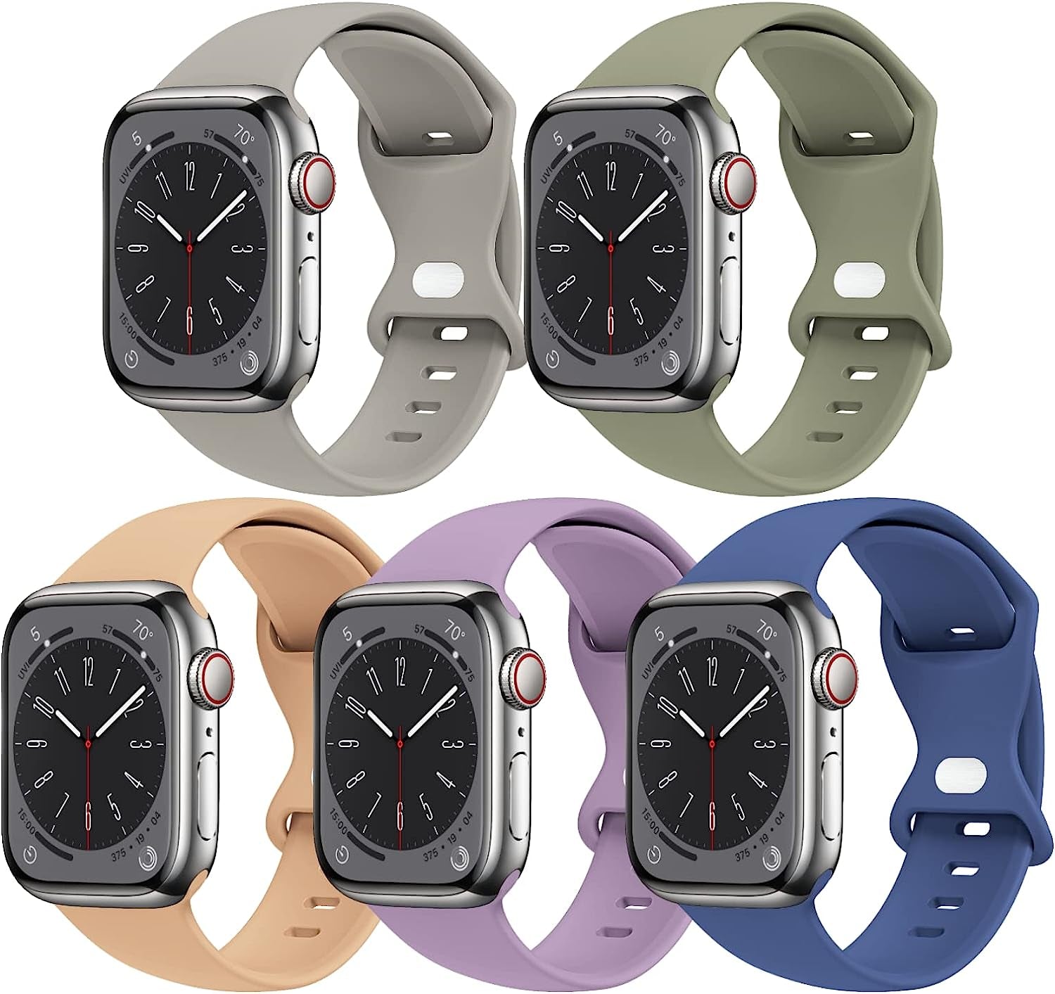 [5 PACK] STG Sport Watch Band Compatible with Apple Watch Band 38Mm 40Mm 41Mm 42Mm 44Mm 45Mm 49Mm Soft Silicone Replacement Sport Strap Compatible for Iwatch Ultra SE Series 8/7/6/5/4/3/2/1 (38Mm/40Mm/41Mm S/M, 5 PACK  STG 5 Pack H - Concrete/Khaki/Milk Tea/Lavender/Tomales Blue 42mm/44mm/45mm/49mm M/L 