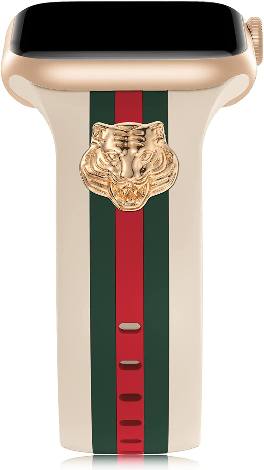 Designer Band with Charms Decor Compatible with Apple Watch Band 38Mm 40Mm 41Mm 42Mm 44Mm 45Mm 49Mm Women Men, Stylish Silicone Sport Wristbands for Iwatch Series 8 7 6 5 4 3 2 1 SE Ultra  Bagoplus Walnut/Green/Red with Tiger 42mm/44mm/45mm/49mm 