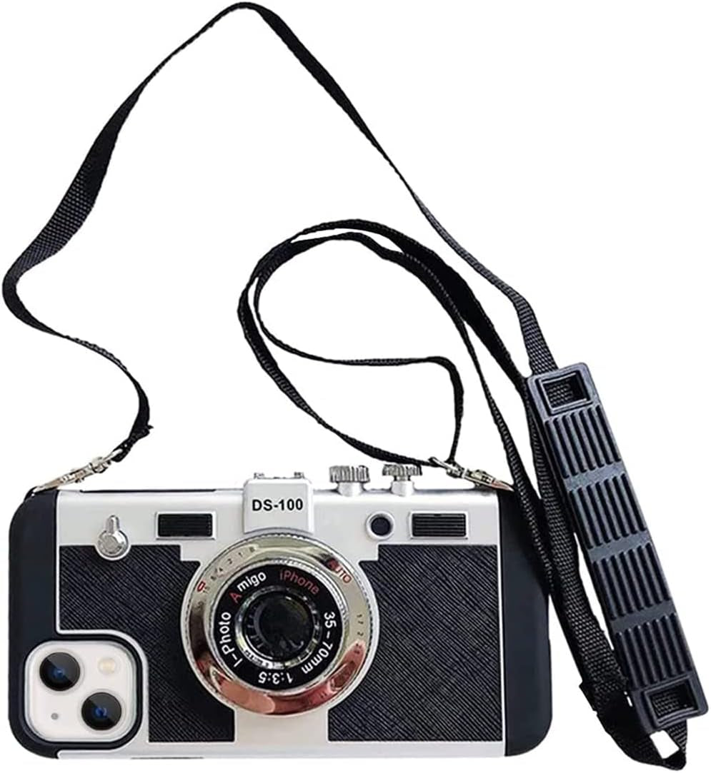 Yatchen Emily in Paris Phone Case for Iphone 13 Cute 3D Vintage Camera Phone Case with Lanyard Adjustable Shoulder Strap Unique Cool Silicone PC Case for Iphone 13 Girls Women Black  Yatchen Black Iphone Xr 