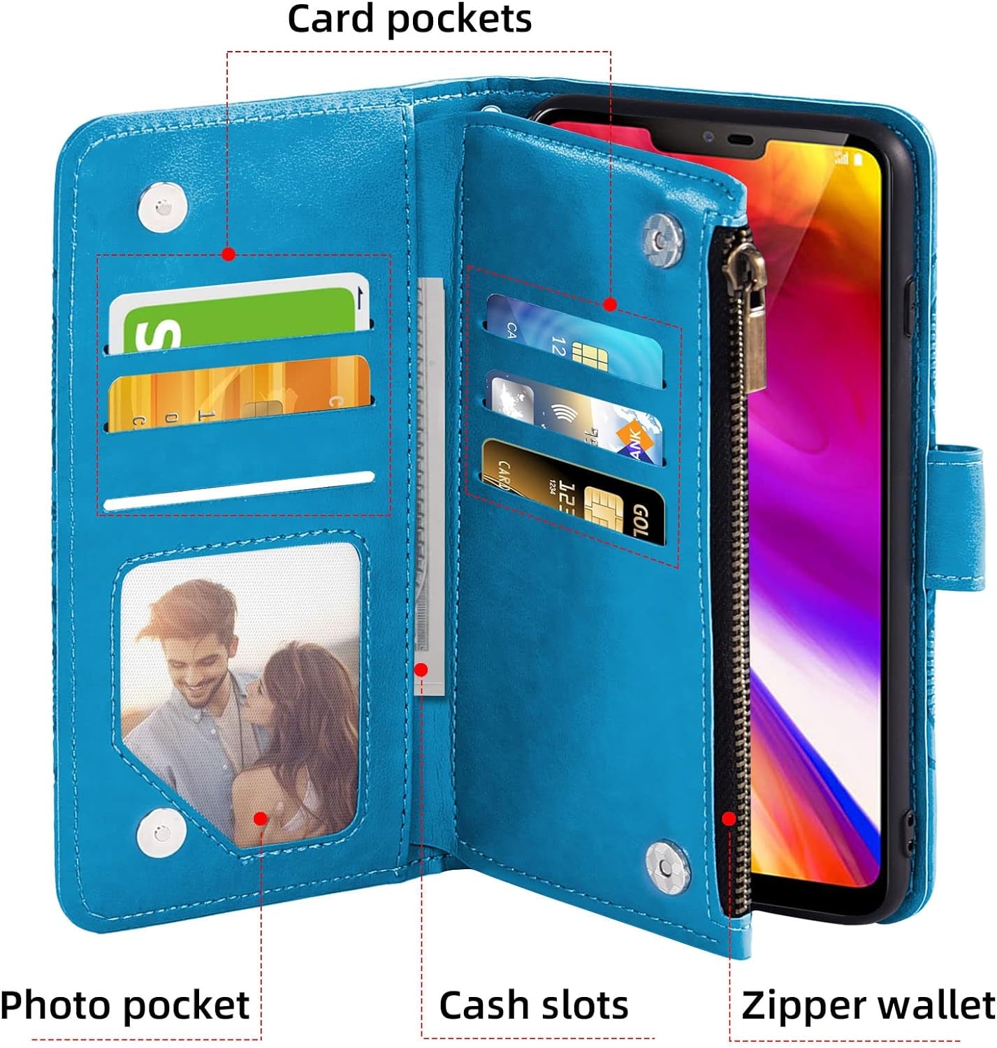 Asuwish Compatible with LG G7 Thinq Wallet Case and Tempered Glass Screen Protector Flip Card Holder Cell Phone Cover for LGG7 One G 7 plus LG7 Fit Lg7Thinq 7G Thin Q G7+ G7Thinq Lgg7Thinq Men Blue  Asuwish   