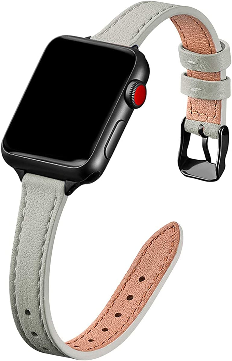 STIROLL Slim Leather Bands Compatible with Apple Watch Band 38Mm 40Mm 41Mm 42Mm 44Mm 45Mm 49Mm, Top Grain Leather Watch Thin Wristband for Iwatch Ultra SE Series 8/7/6/5/4/3/2/1  STIROLL Gray with Black 38mm/40mm/41mm 