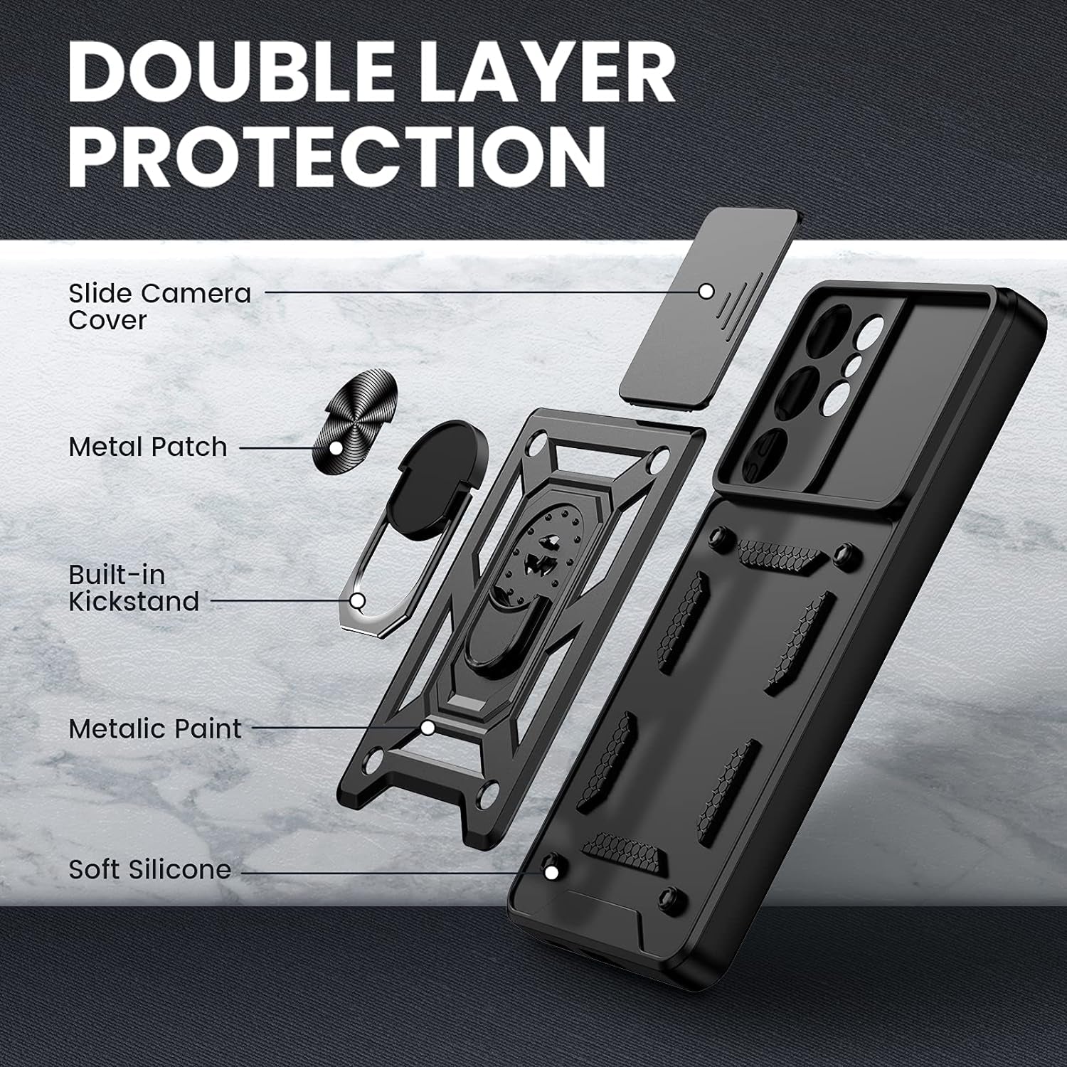 VEGO for Galaxy S21 Ultra Case with Slide Camera Cover, Built-In 360° Rotate Ring Kickstand Magnetic Cover Case for Samsung Galaxy S21 Ultra 5G 6.8 Inch - Black  VEGO   