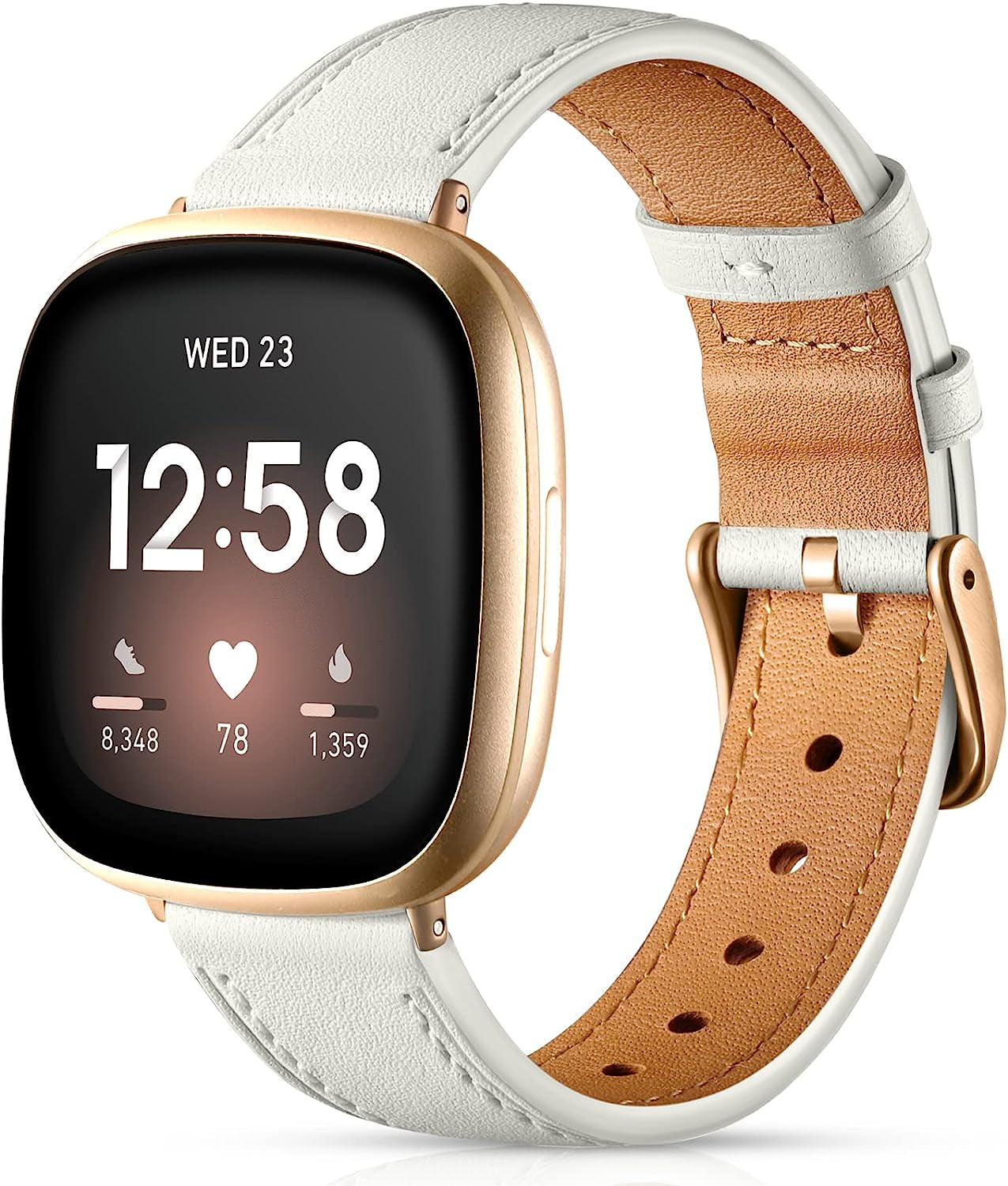 Maledan Compatible with Fitbit Sense/Fitbit Versa 3 Bands for Women Men, Soft Genuine Leather Band Slim Strap Replacement Accessory Wristband for Fitbit Versa 3/Versa 4/Sense 2/Sense Smartwatch, Pink  Maledan LightBeige  