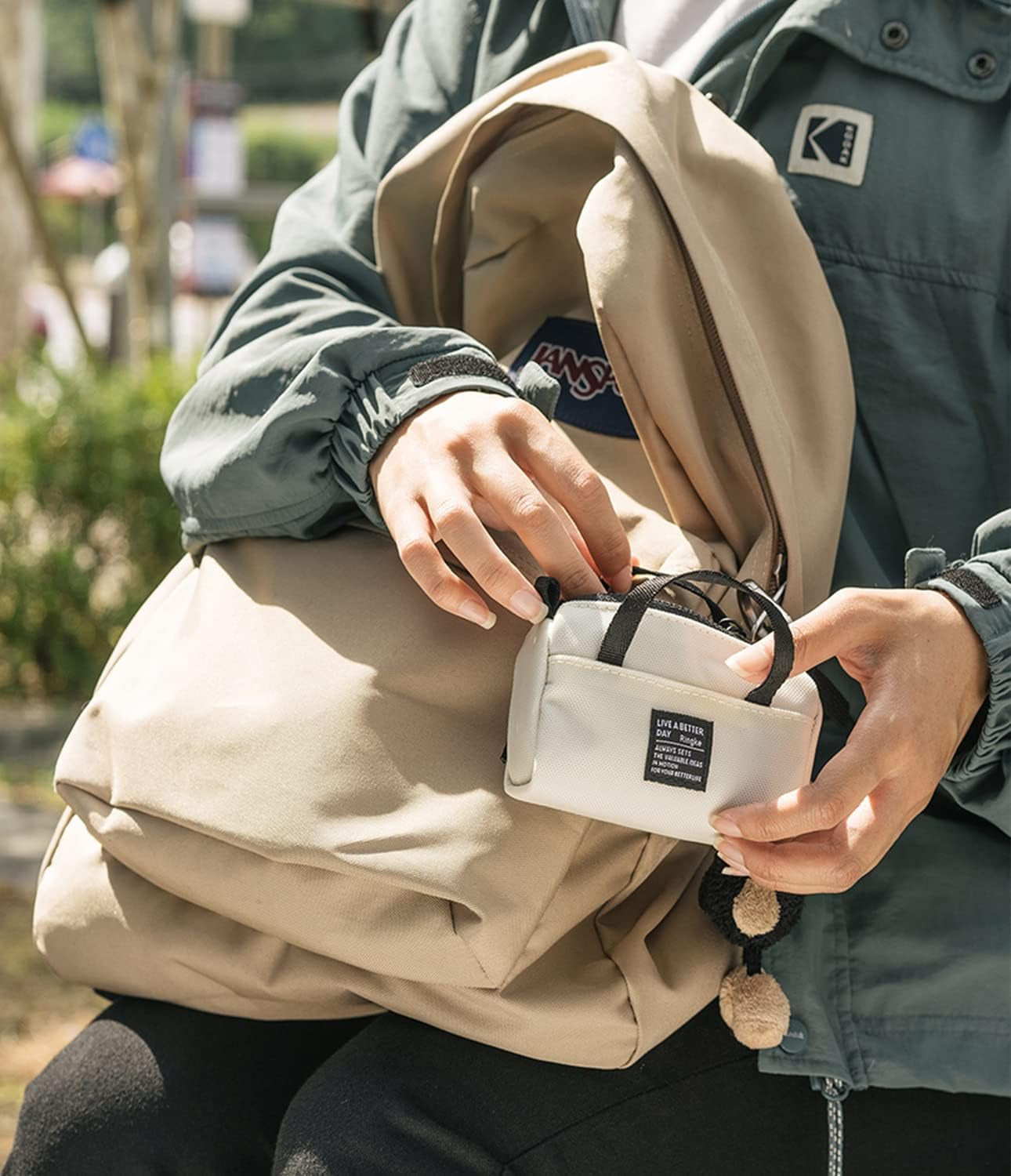 Ringke Mini Pouch Sports Bag Compatible with Airpods Pro Case and Airpods 3Rd, 2Nd, 1St Generation Case, Galaxy Buds Pouch, Universal Wireless Ear Buds Cover with Keychain for Women, Men - Ivory  Rearth   