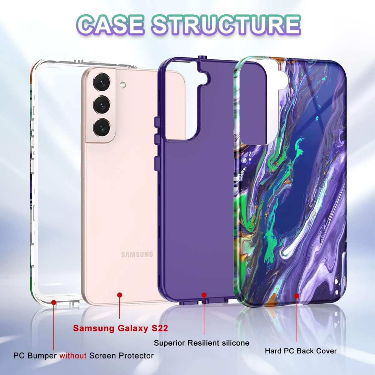 Btscase for Samsung Galaxy S22 5G Case,Marble Pattern 3 in 1 Heavy Duty Shockproof Full Body Rugged Hard Pc+Soft Silicone Drop Protective Women Girl Cover for Samsung Galaxy S22,Dreamland River/Purple  Btscase   