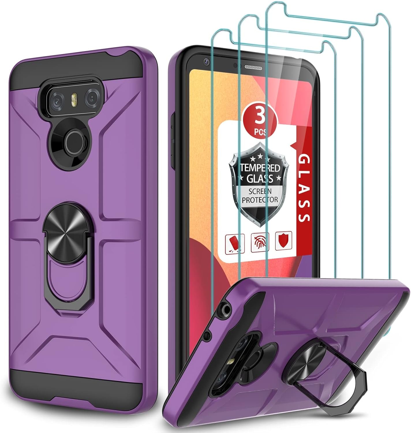 GAMEMIUZ LG G6 Case, LG G6 Case with [3X Tempered Glass Screen Protector], Built-In Ring Kickstand and Magnetic Car Mount Shockproof Dropproof Military Grade Armor Rugged Case for LG G6 - Purple  Gamemi   