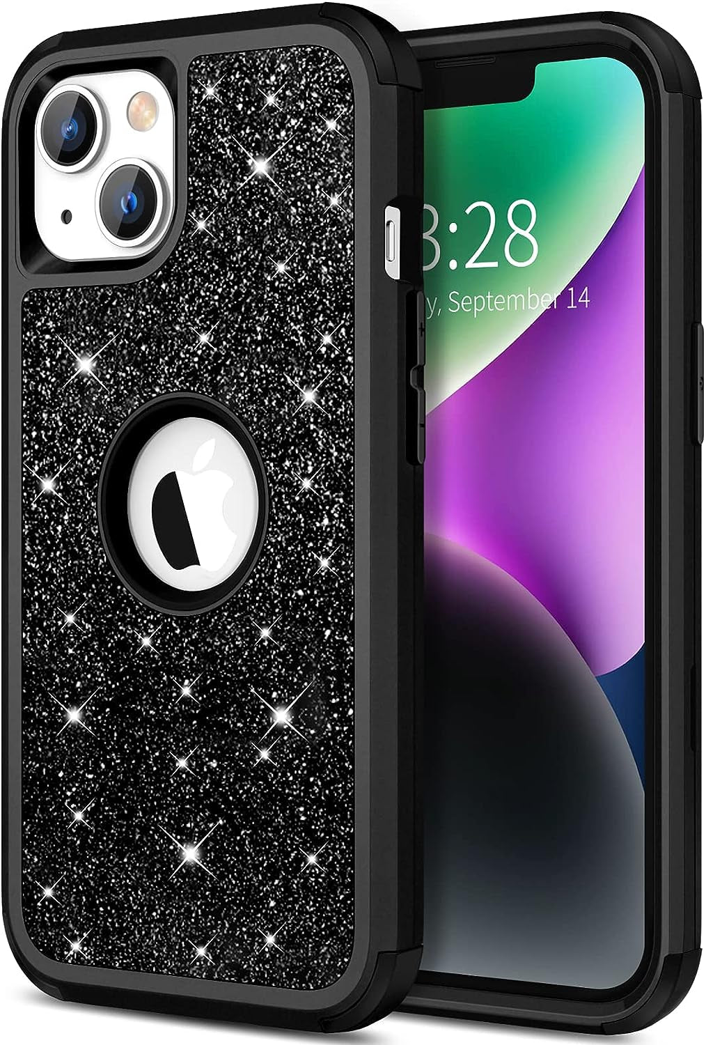 Hython for Iphone 14 plus Case, Heavy Duty Full-Body Defender Protective Phone Cases Glitter Bling Sparkle Hard Shell Hybrid Shockproof/Drop Proof 3-Layer Military Rubber Bumper Cover for Women Girls  Hython Black  