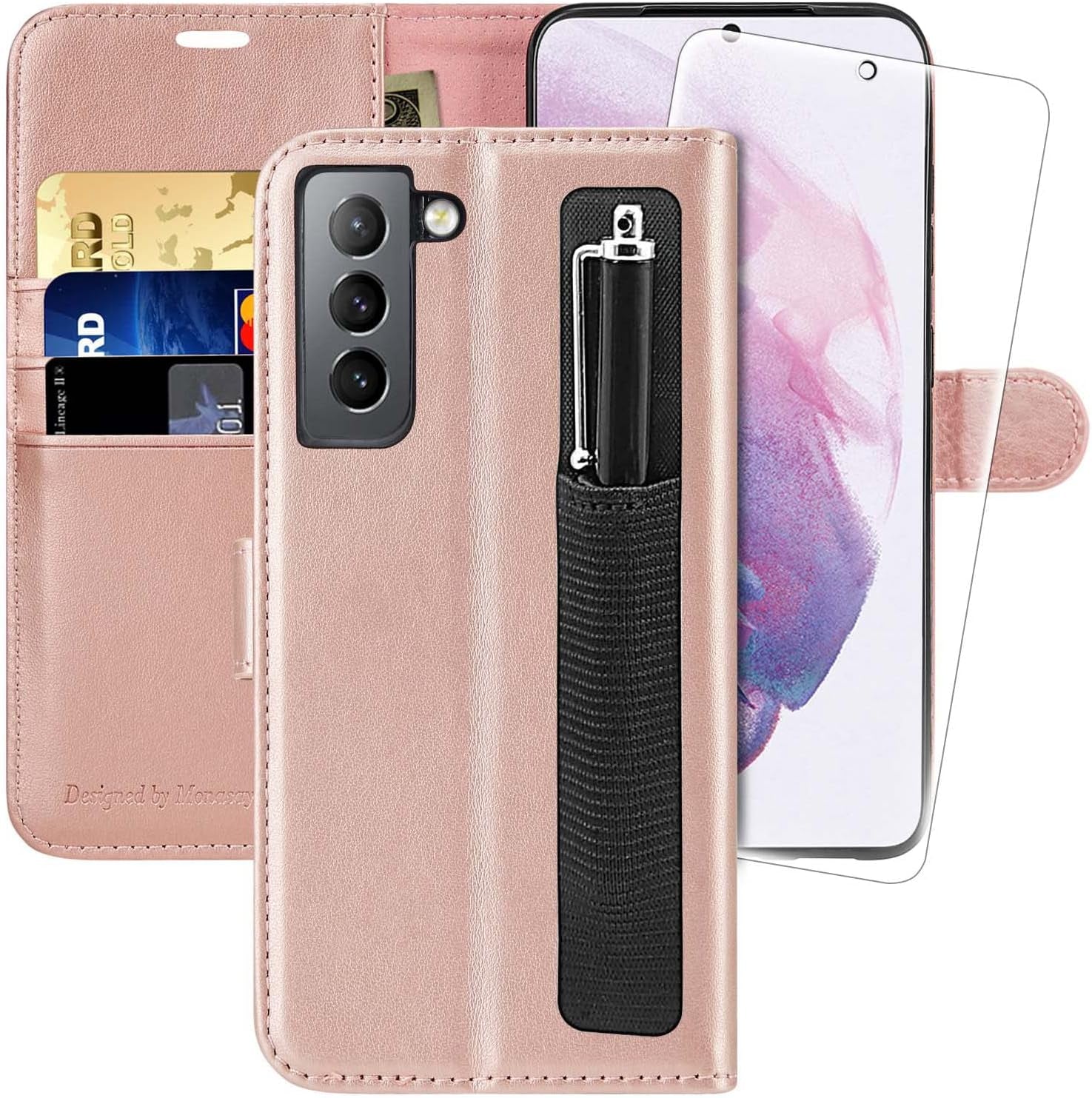 MONASAY Wallet Case for Galaxy S21+Plus 5G, 6.7 Inch [Screen Protector Included][Rfid Blocking] Flip Folio Leather Cell Phone Cover with Credit Card Holder, Lavenders  MONASAY Light Pink  