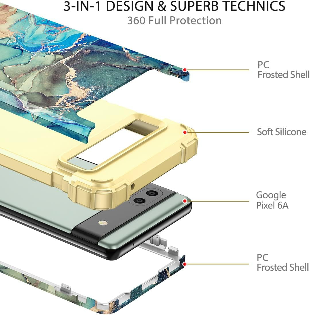 Hekodonk Google Pixel 6A Case (2022) - Heavy Duty Shockproof Hybrid Protection, Hard Plastic & Silicone Rubber, 3-In-1 Drop Protective - Blue Golden  Hekodonk   