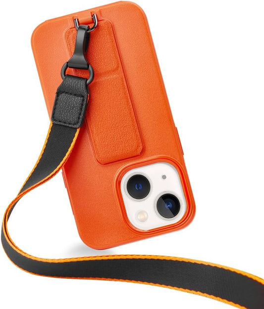 Zvedeng Compatible with Iphone 13 Mini Kickstand Case, Vertical Horizontal Stand Hand Strap with Detachable Lanyard Wrist Sling Slim Fit Cover Upgraded Shockproof Case for Iphone 13 Mini 5.4'' Orange  ZVEdeng   