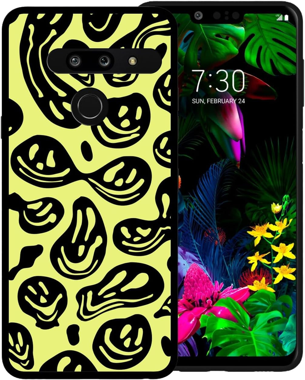 Zaztify Phone Case for LG G8 Thinq, Pastel Pink White Funny Trippy Dripping Smile Melted Hippie Smiling Skull Ghost Face Shockproof Protective Cover Shell  zaztify Yellow Black Trippy Face  