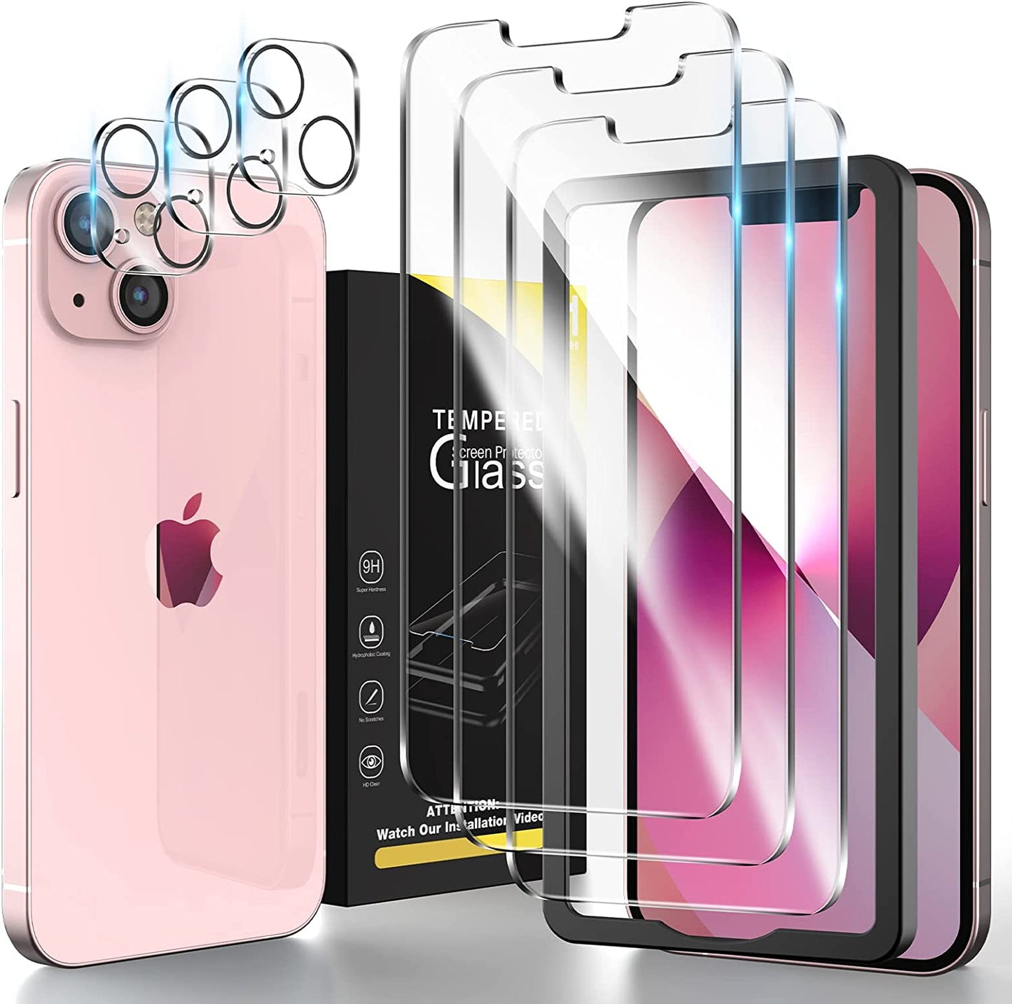 HATOSHI 3 Pack Tempered Glass Screen Protector for Iphone 13 with 3 Pack Camera Lens Protector, Easy Installation HD Clear Protective Glass Screen Film for Iphone 13 6.1-Inch [Work with Most Cases]  HATOSHI   
