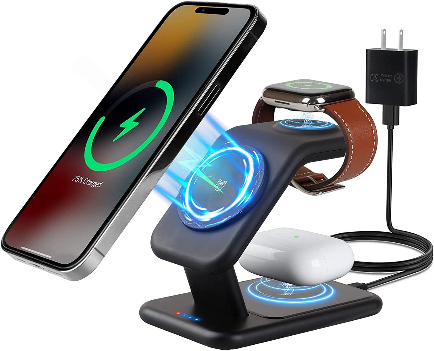 3-In-1 Magsafe Charger Stand, 18W Fast Magnetic Charger for Iphone 14, 13 & 12 Series - Apple Watch & Airpods, Wireless Charging Station for Multiple Devices with Adapter and LED  Zyerch   