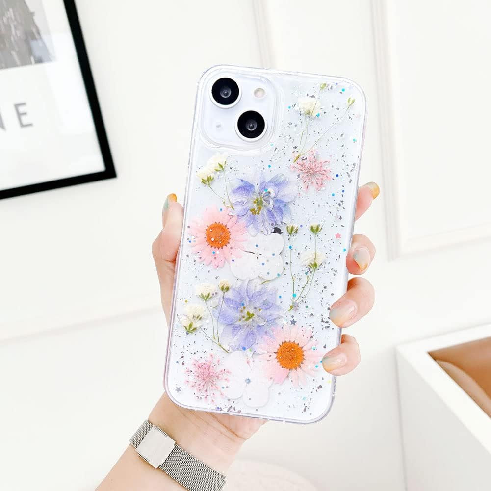 Abbery Designed for Iphone 13 Pressed Flower Case, Cute Clear with Design Soft Silicone Rubber Dried Real Flowers Floral Aesthetic Case for Iphone 13 6.1 Inch (Glitter Blue)  Abbery   