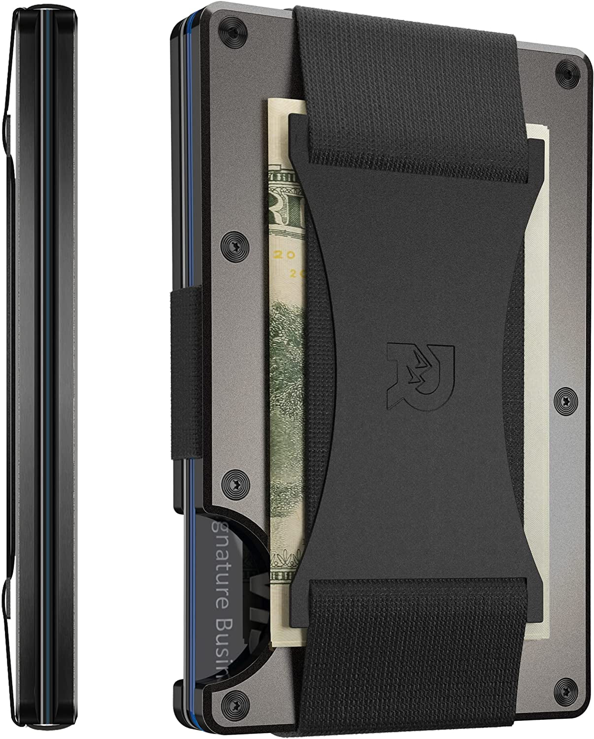 The Ridge Minimalist Slim Wallet for Men - RFID Blocking Front Pocket Credit Card Holder - Aluminum Metal Small Mens Wallets with Cash Strap (Matte Olive)  The Ridge Gunmetal  