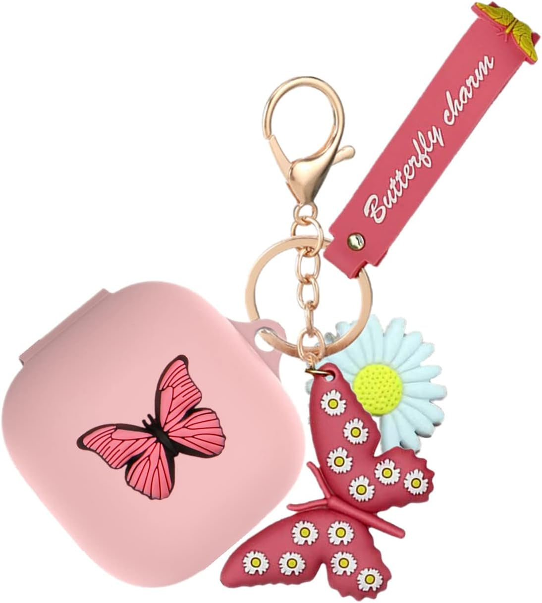 Case for Beats Fit Pro with Wristlet Keychain, Cute Cartoon Butterfly Charm Soft Silicone Charging Case with Wrist Strap Anti-Lost Cover for Beats Fit Pro X 2021/2022, Gift for Women Girl (Black)  YQGFashbf11 Pink  